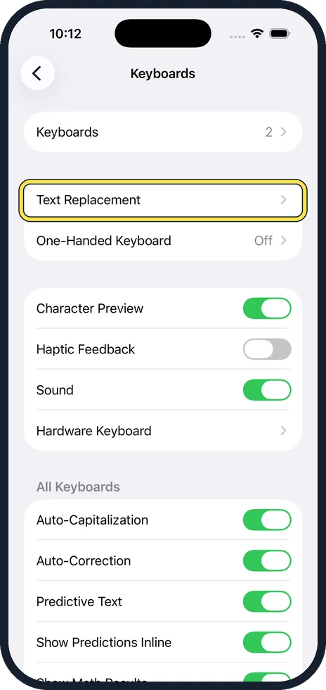 iPhone screen: Tap Text Replacement
