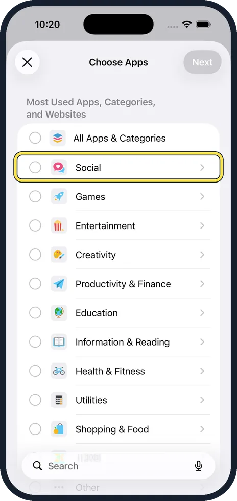 iPhone screen: Choose a category or single apps