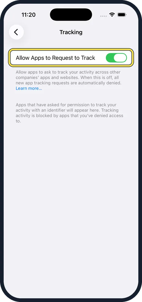 iPhone screen: Switch off Allow Apps to Request to Track