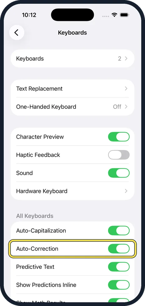 iPhone screen: Switch off Auto-Correction